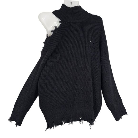 Signature8 Black Ripped Distressed Rib Knit Cold Shoulder Turtleneck Sweater S - Picture 2 of 14